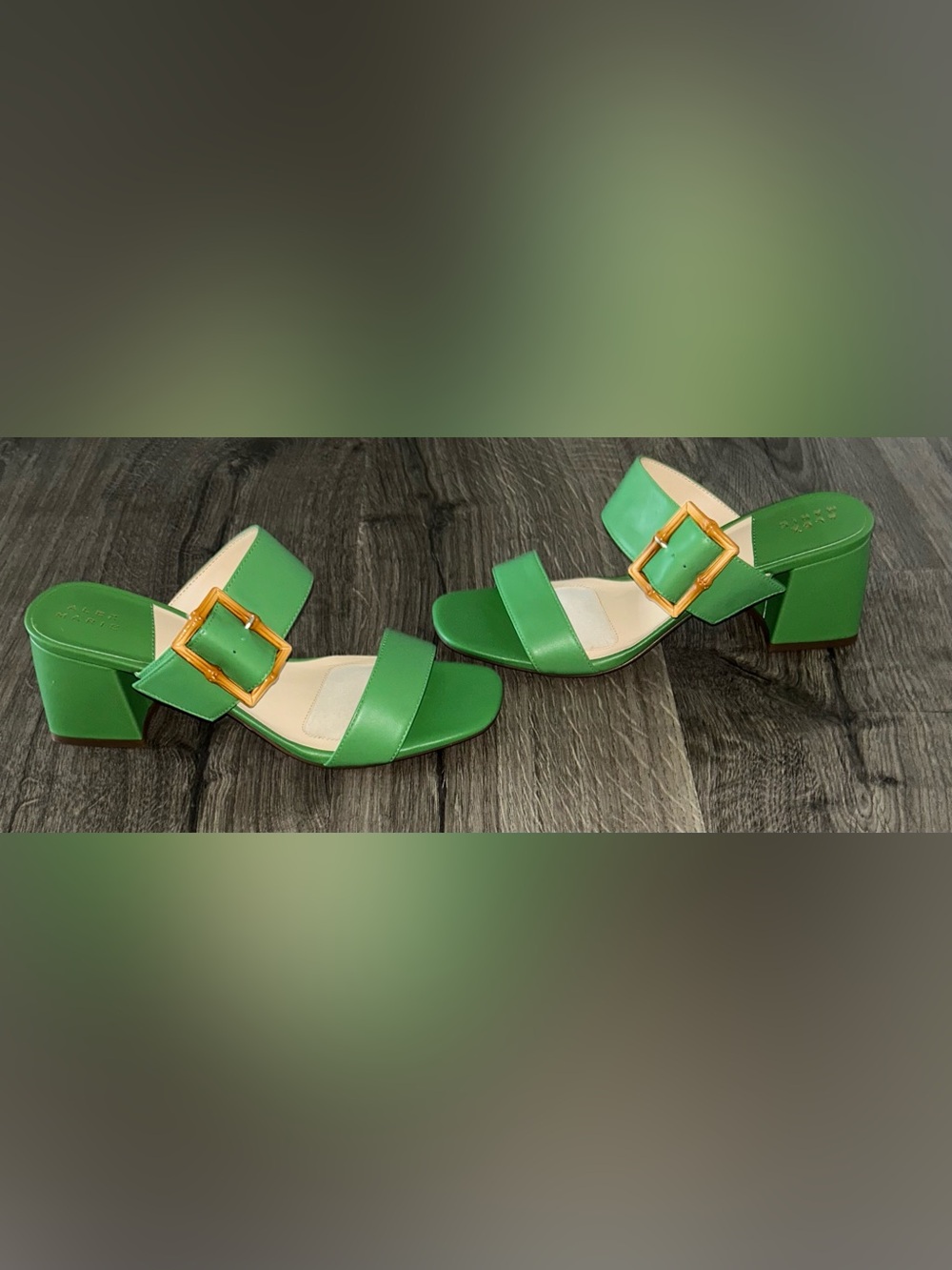 NEW!! Alex Marie Green Leather Slide Sandals with Buckle - Picture 3 of 7